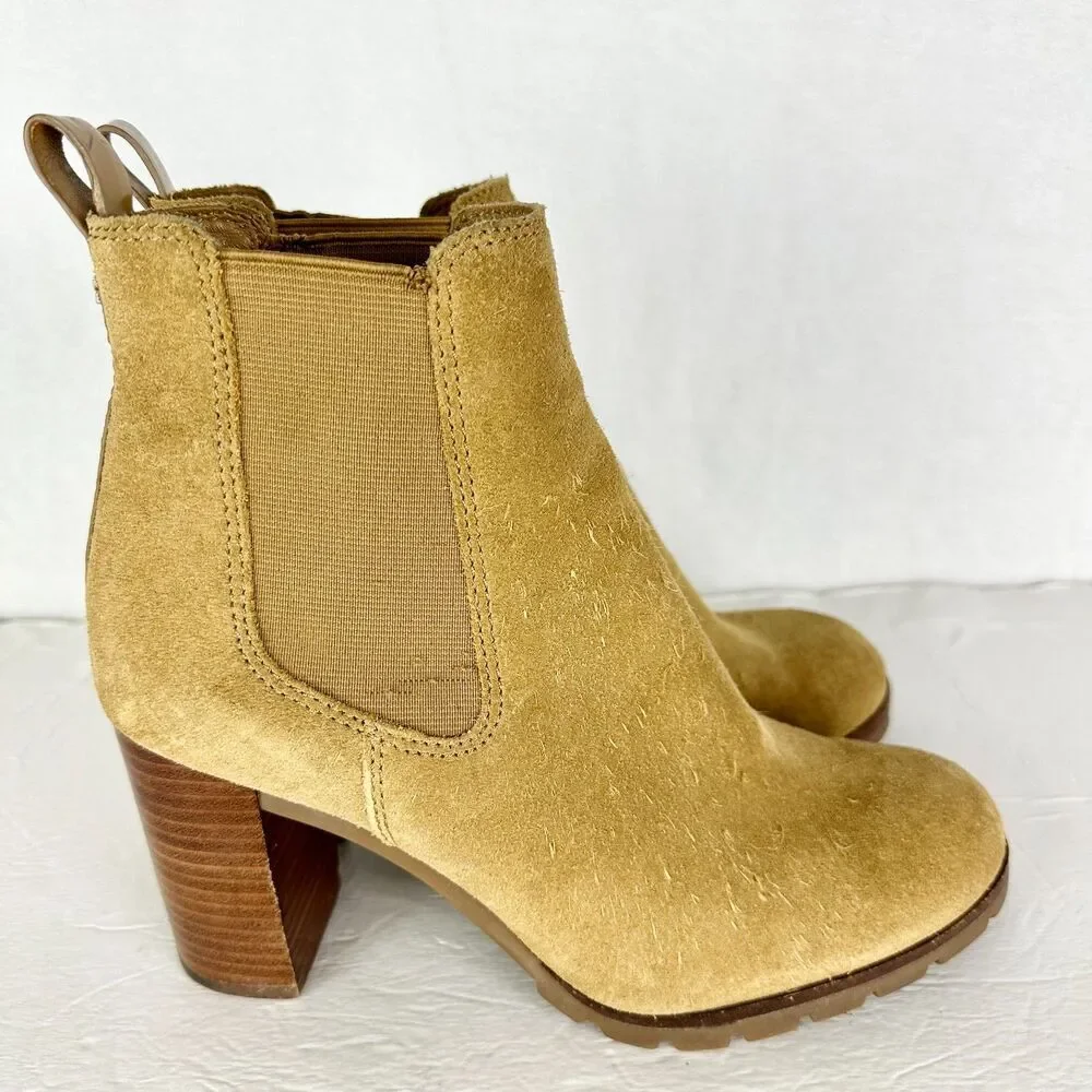 Tory Burch Stafford Suede Ankle Boots Size 8 Tan Beige Pull On Wood Block Heel